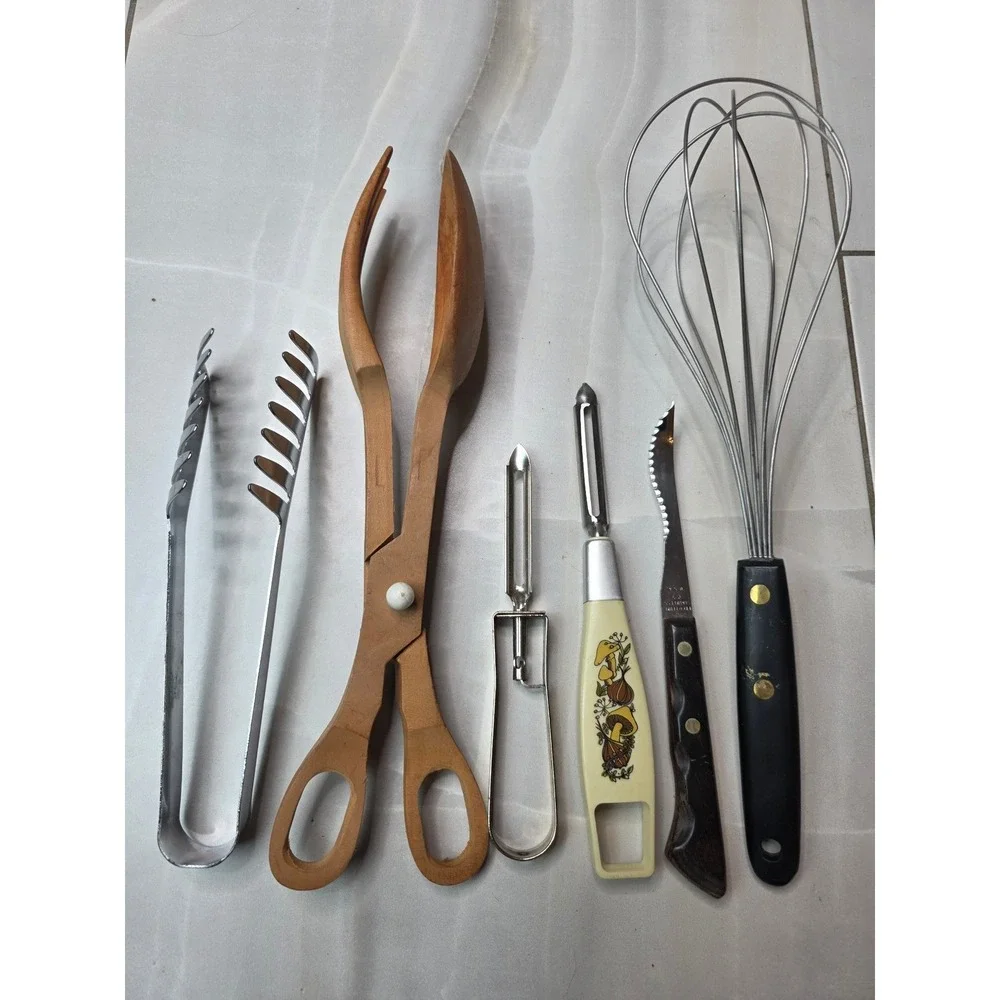 Vintage Kitchen Tool Lot Mushroom Peeler Wooden Salad Tongs Japan Pasta Serve A6